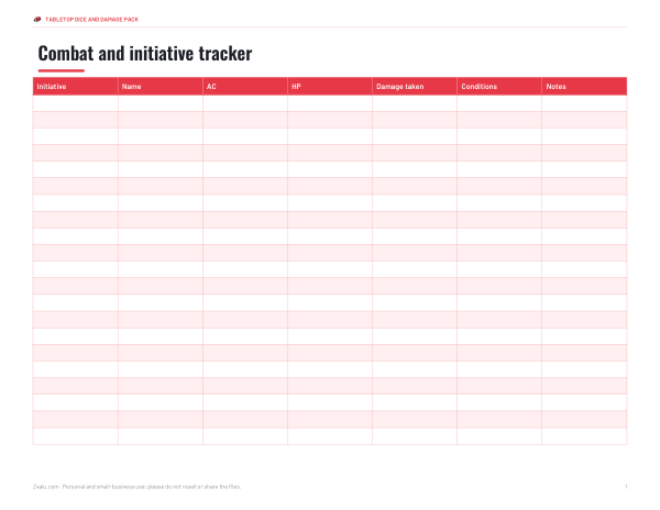 Preview of Printable Combat Tracker Sheet