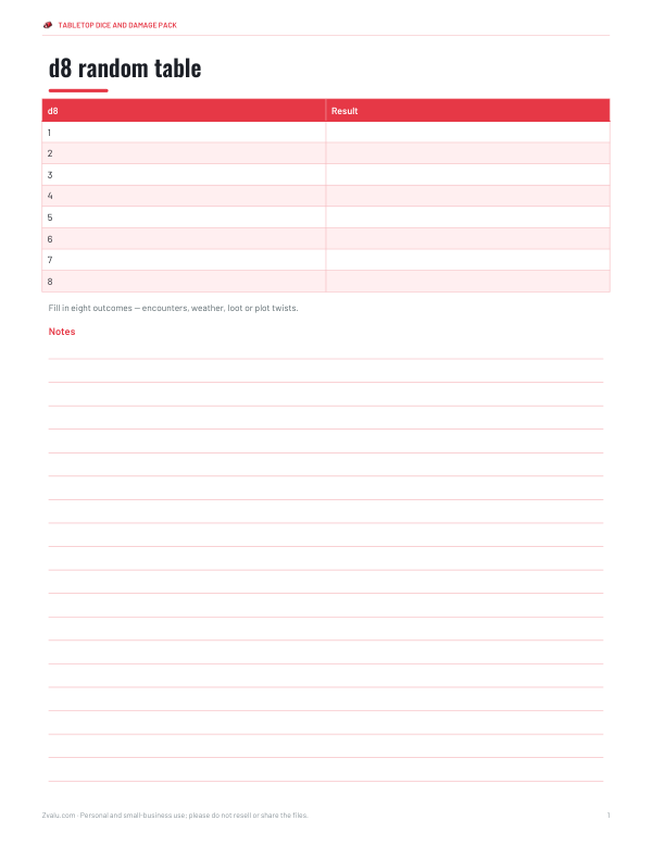 Preview of Printable d8 Table Template