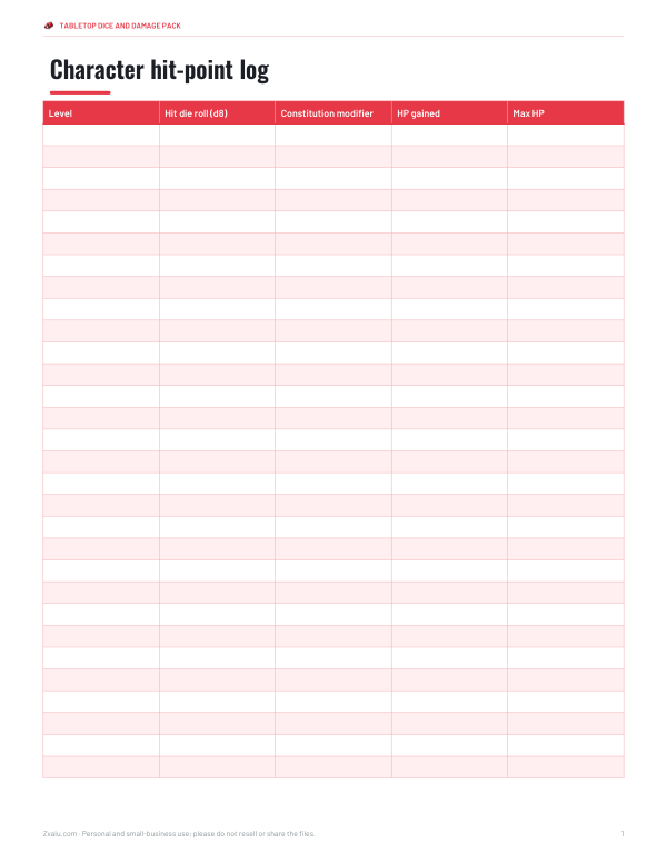 Preview of Printable Hit Point Log Sheet